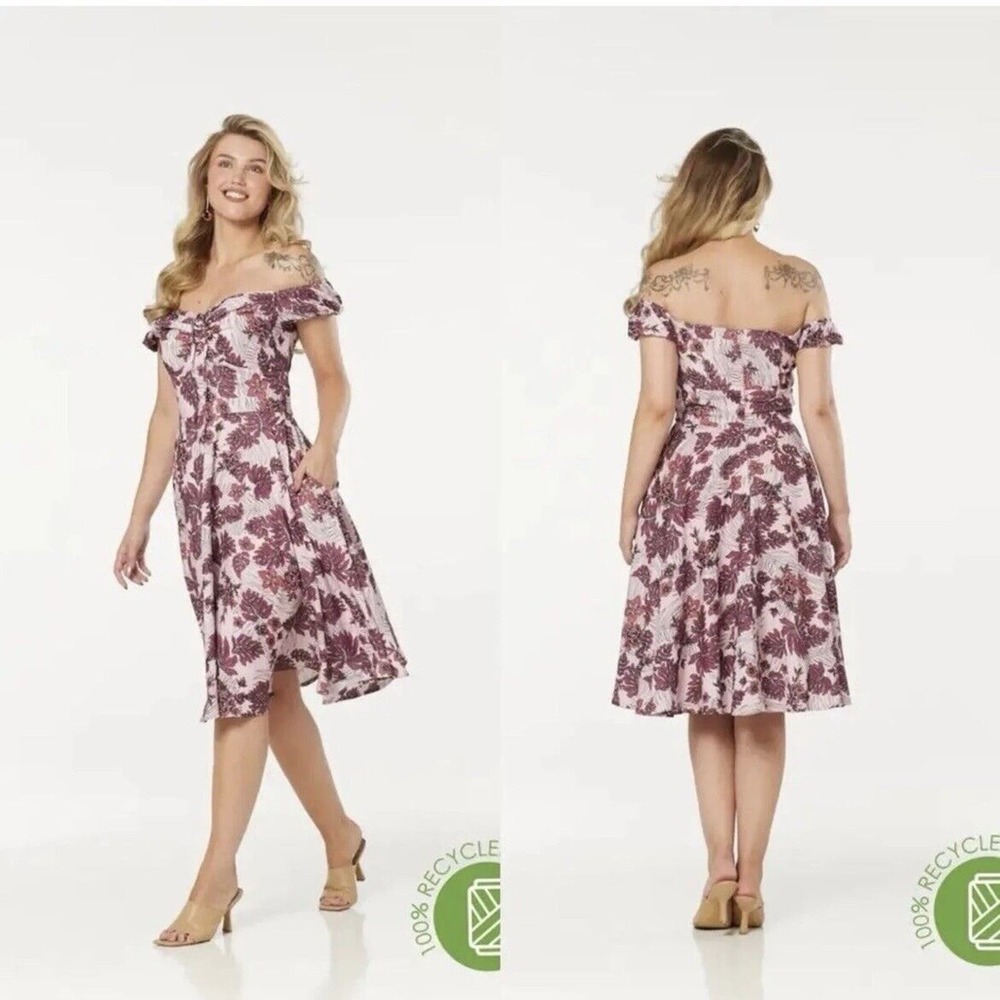 Timeless London Sz 12 Klaudi Off Shoulder Floral Leaf Midi Swing Dress Pink